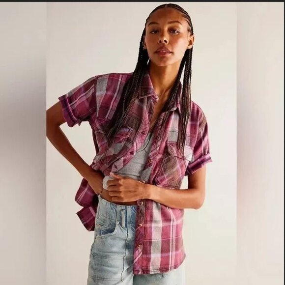 Free People Vintage Crush Plaid Shirt We The Free Buttondown Printed Top M